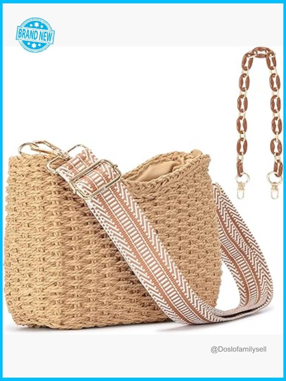 Straw Crossbody Bag Handwoven Summer Beach Purse Shoulder Bag Guitar Strap